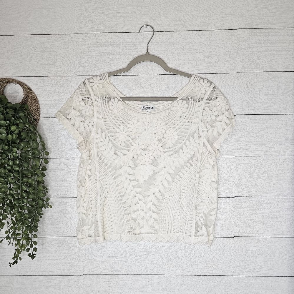 Express Crochet Knit Top Lace Blouse Women's Size M Cream Color EUC